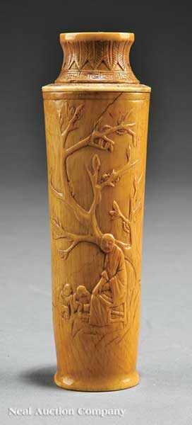 Appraisal: A Chinese Carved Ivory Scholar's Vase th c tapering cylindrical