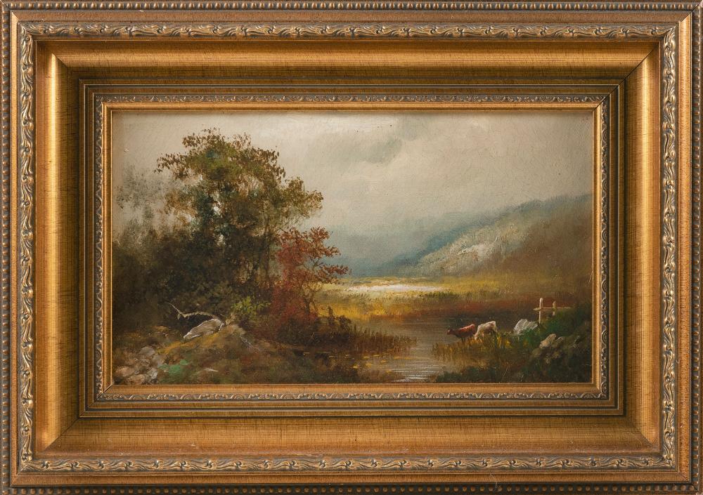 Appraisal: AMERICAN SCHOOL LATE TH CENTURY CATTLE BY A MOUNTAIN RIVER