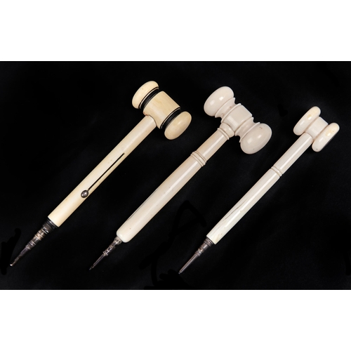 Appraisal: Three Victorian ivory auctioneer's gavels each incorporating a pencil overall