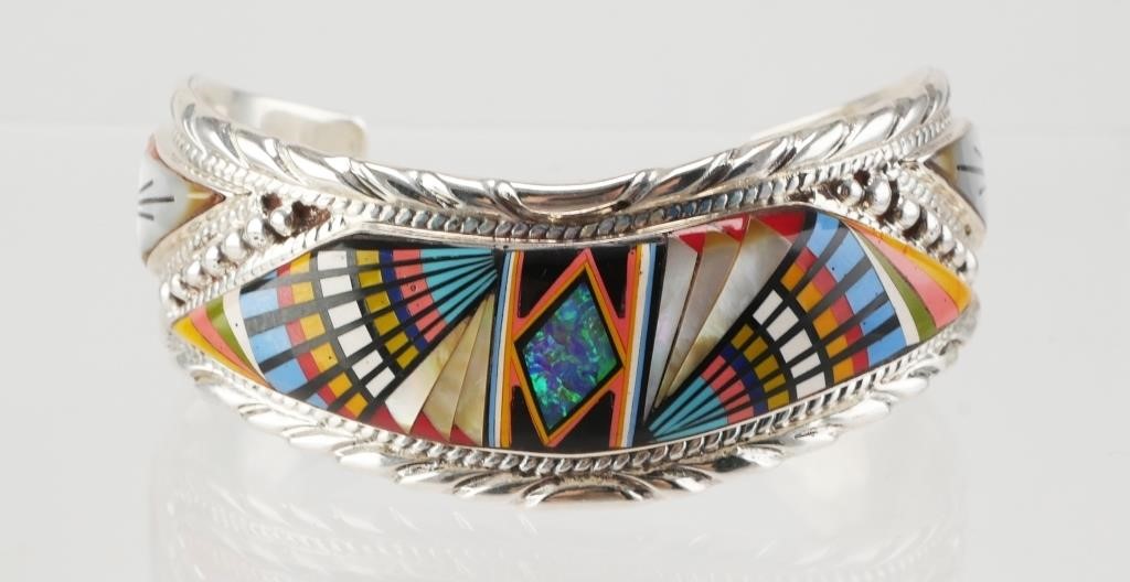 Appraisal: STERLING MICRO INLAY TURQUOISE CUFF BRACELETSterling silver cuff bracelet featuring