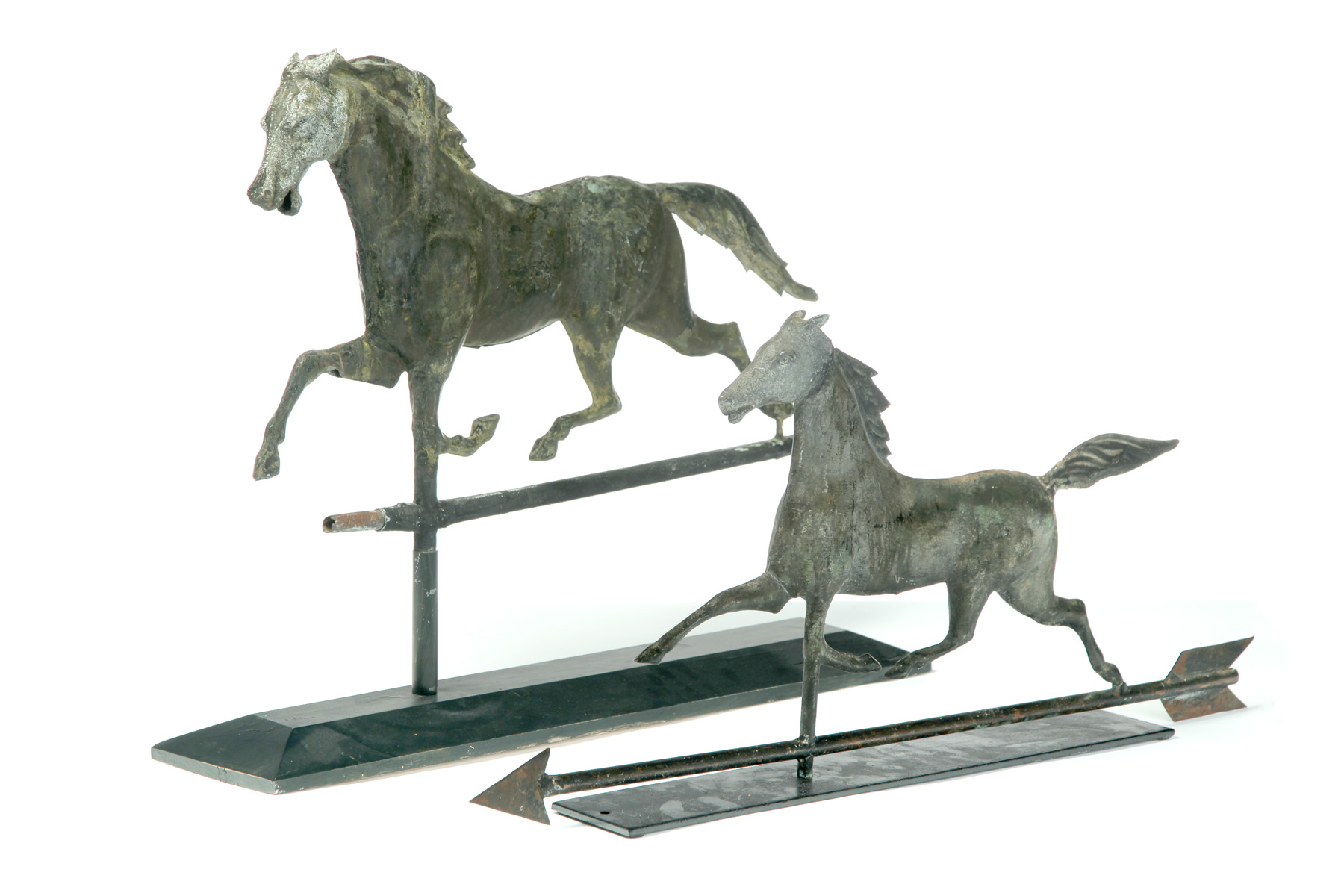 Appraisal: TWO AMERICAN HORSE WEATHERVANES Late th century Copper racehorses with