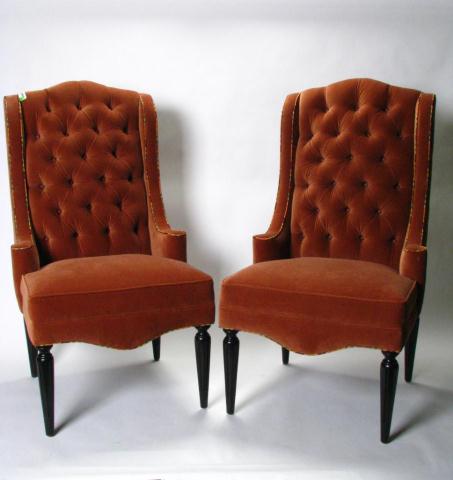 Appraisal: Pair of Burton James hostess chairs button-tufted Cancun Cinnamon fabric