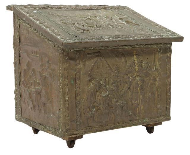 Appraisal: French brass-clad wood coal box early th c having slanted