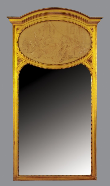 Appraisal: Carved giltwood trumeau mirror circa arched and molded cornice over