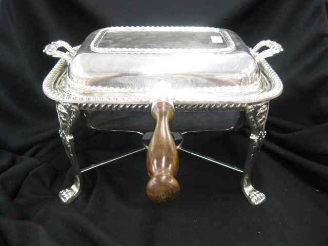 Appraisal: Silverplate Chafing Dish on Stand gadroon border wooden handle lion