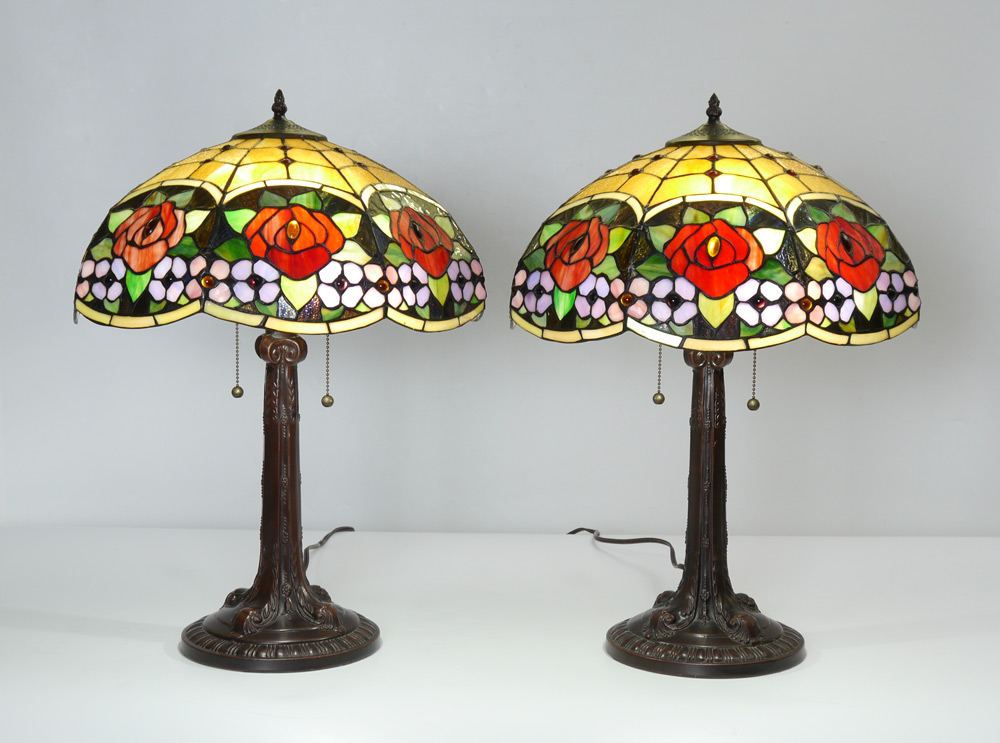 Appraisal: PAIR CONTEMPORARY STAINED GLASS LAMPS Decorative pair each with patinated