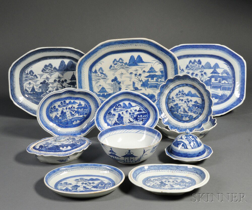 Appraisal: Twelve Assembled Blue and White Canton Porcelain Table Items late