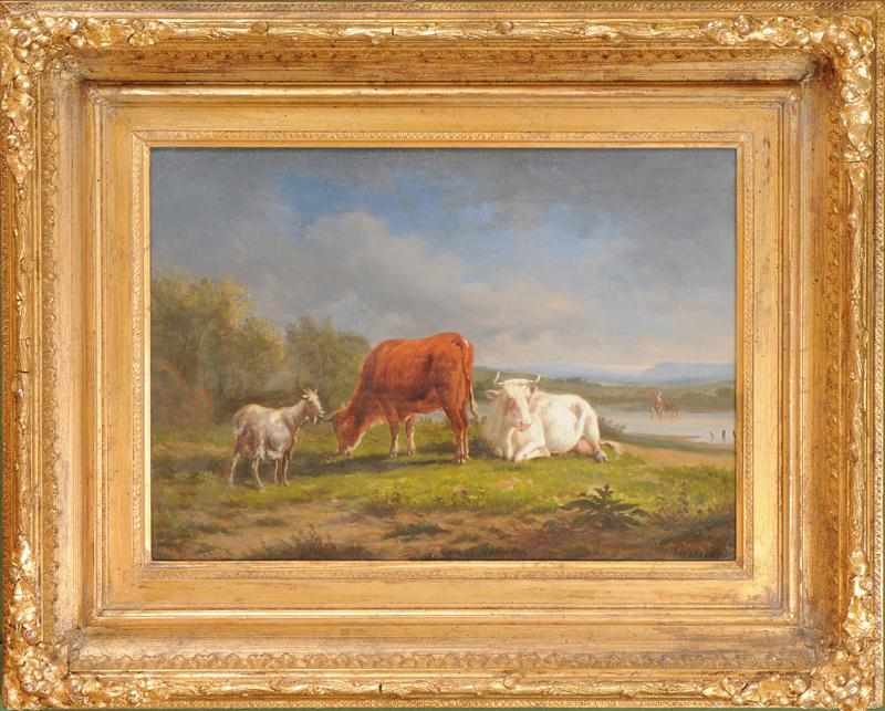 Appraisal: EUROPEAN SCHOOL COWS IN LANDSCAPE Oil on canvas relined signed