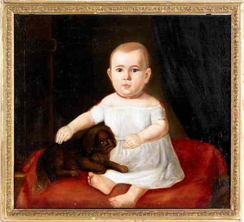 Appraisal: Oil on canvas portrait of a young child with a