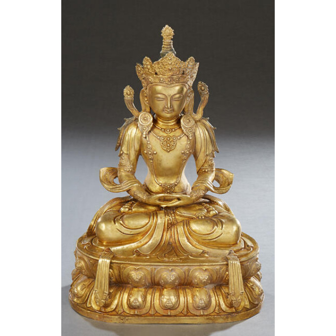 Appraisal: Gilt Bronze Seated Buddha th c on an integral relief