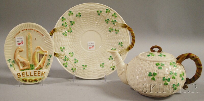 Appraisal: Three Belleek Porcelain Shamrock Items and a Collector's Society Sign