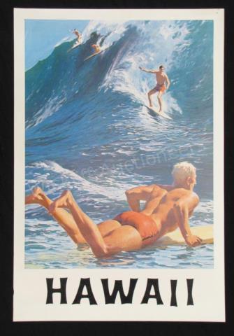 Appraisal: A vintage s travel poster Hawaii depicting surfers x good