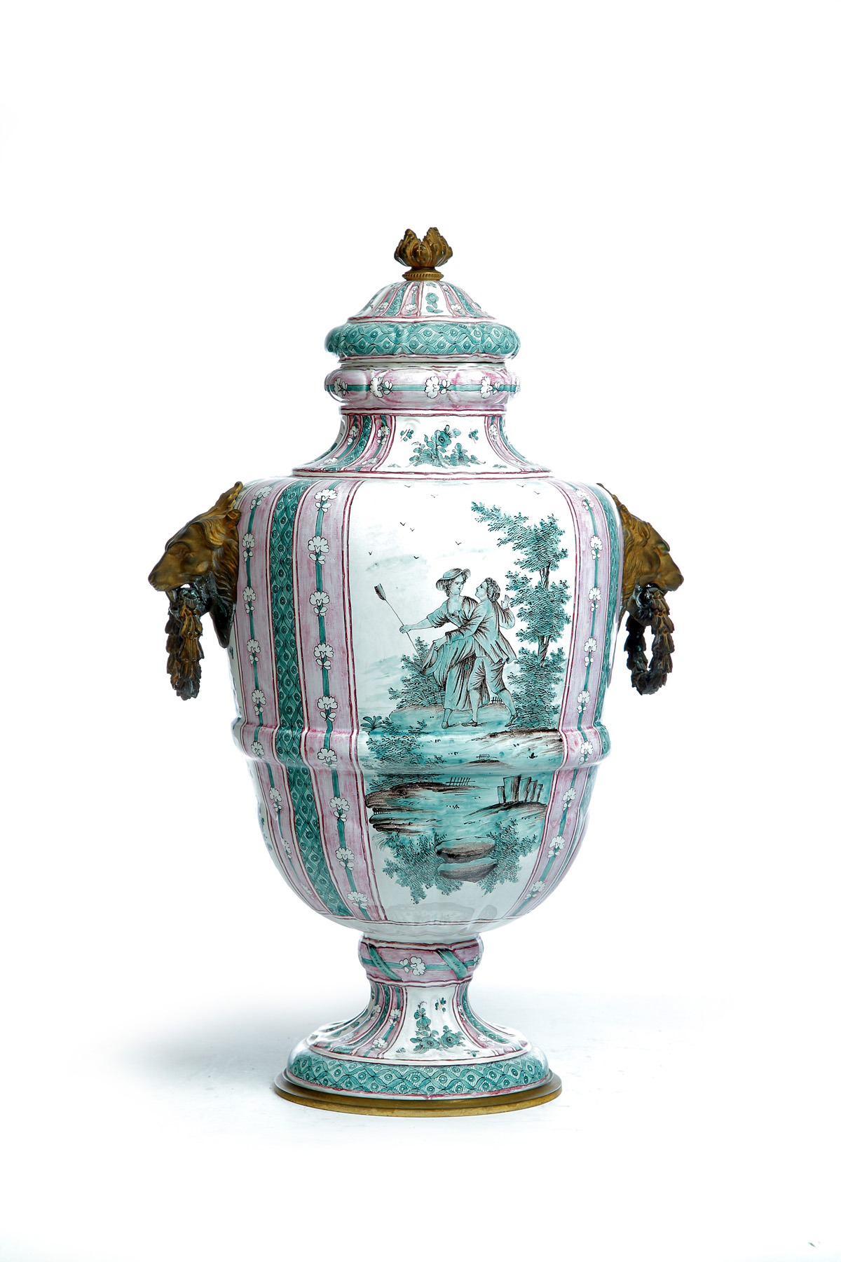 Appraisal: LARGE FAIENCE COVERED URN WITH BRONZE MOUNTS Continental th quarter-