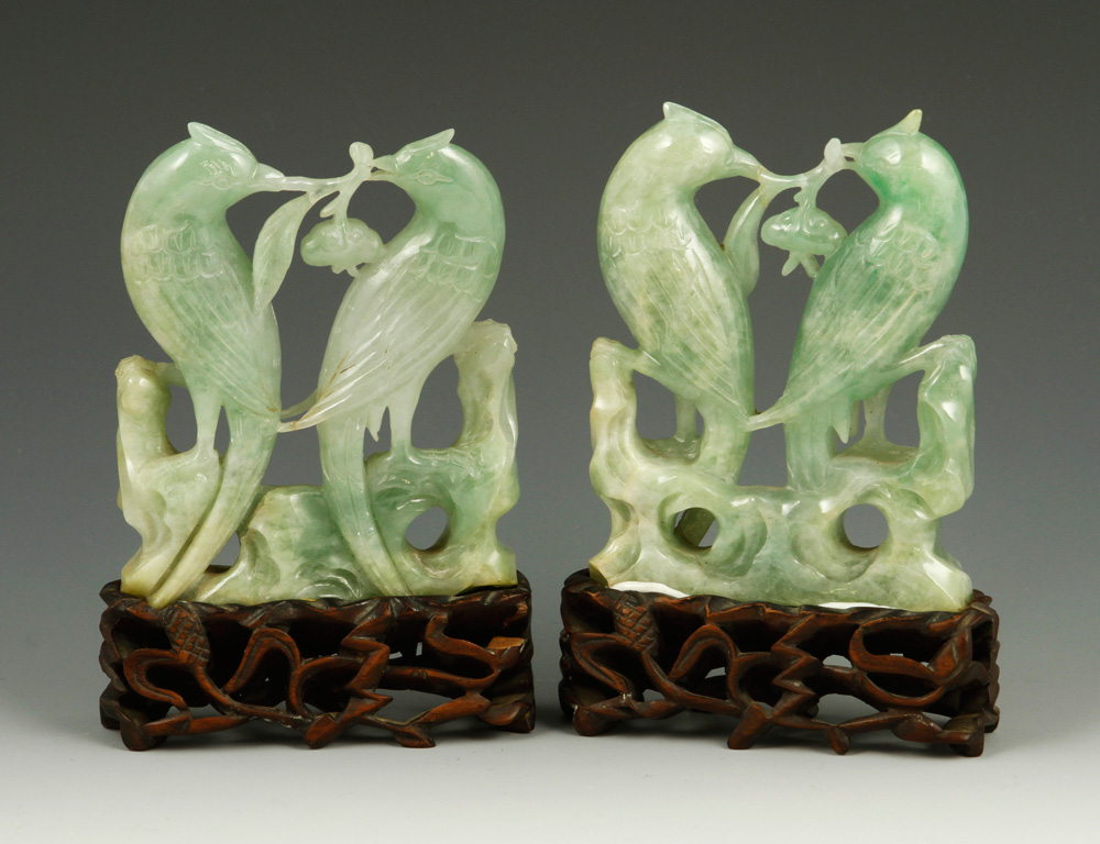 Appraisal: - Pr Chinese Jade Bird Figures Pair of jade figures