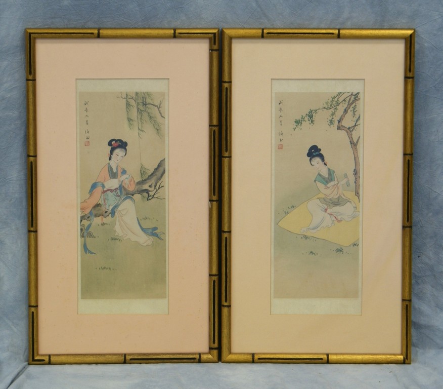 Appraisal: Japanese watercolors on silk Geishas in Landscapes x inside mat