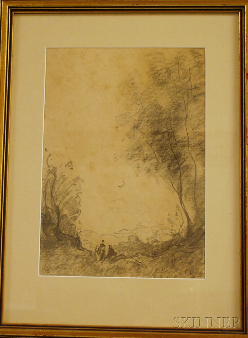 Appraisal: Barbizon School th Century Landscape Sketch with Figures Possible partial