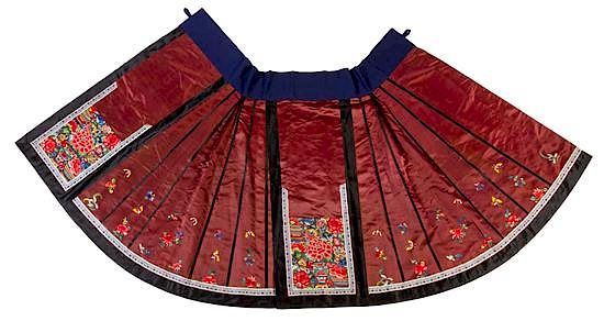 Appraisal: A Brown Ground Embroidered Silk Apron Skirt Length inches A