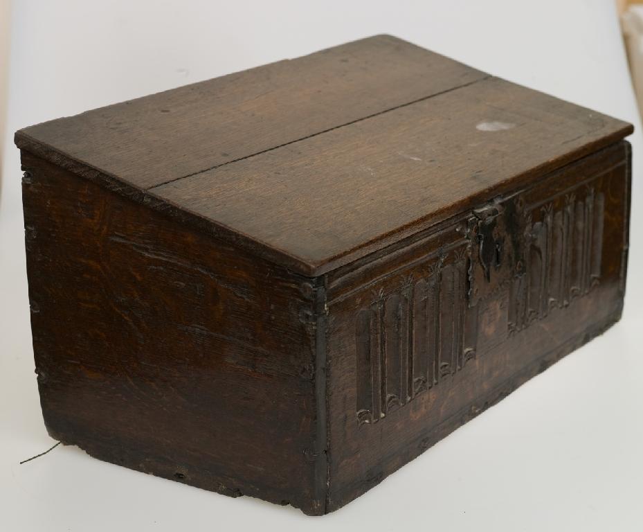 Appraisal: th CENTURY OAK SLANT-FRONT BIBLE BOX the front panel carved