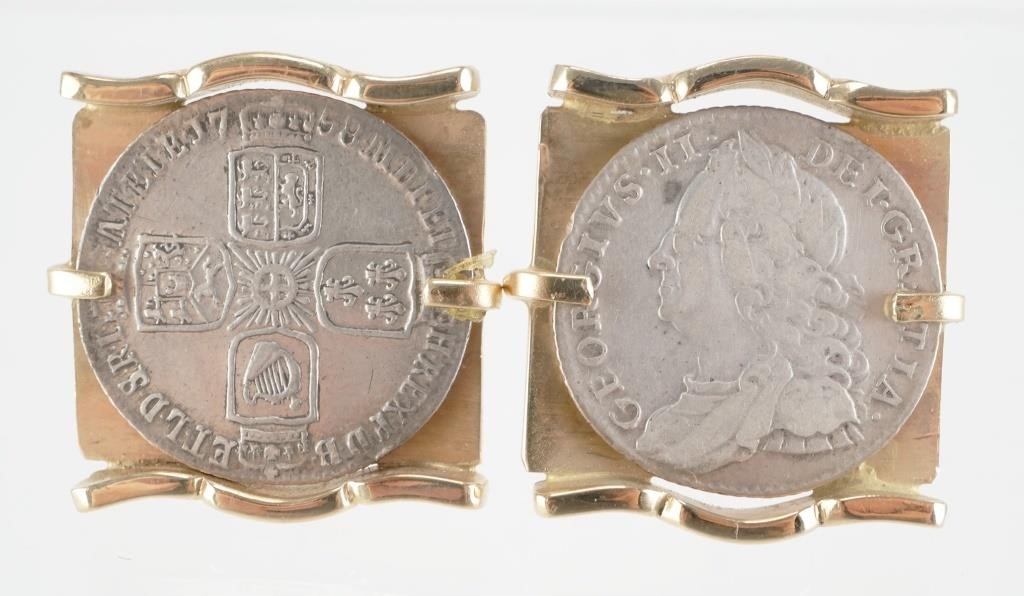 Appraisal: k yellow gold cufflinks with mounted silver coin on each