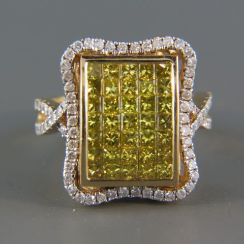 Appraisal: Diamond Ring fancy yellow invisibly set square diamonds totaling carats