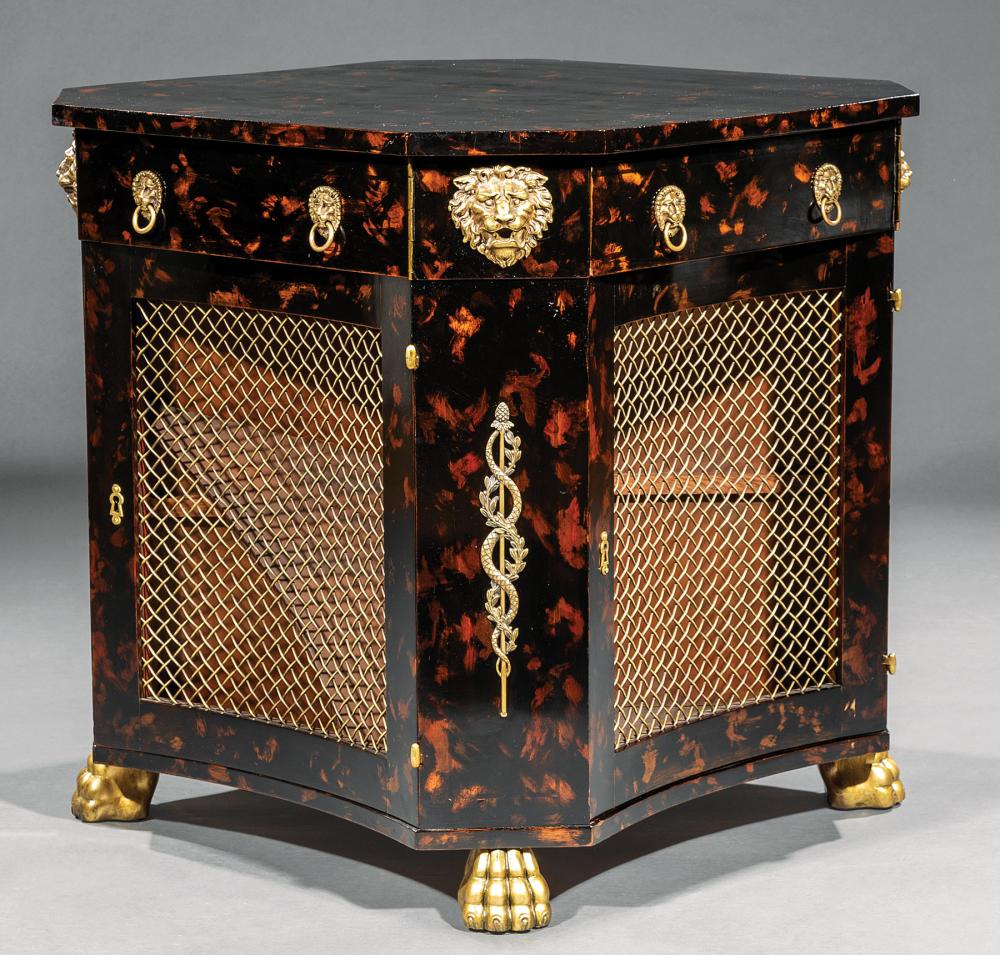 Appraisal: Regency-Style Bronze-Mounted and Paint-Decorated Black Lacquer Table Baker Furniture shaped