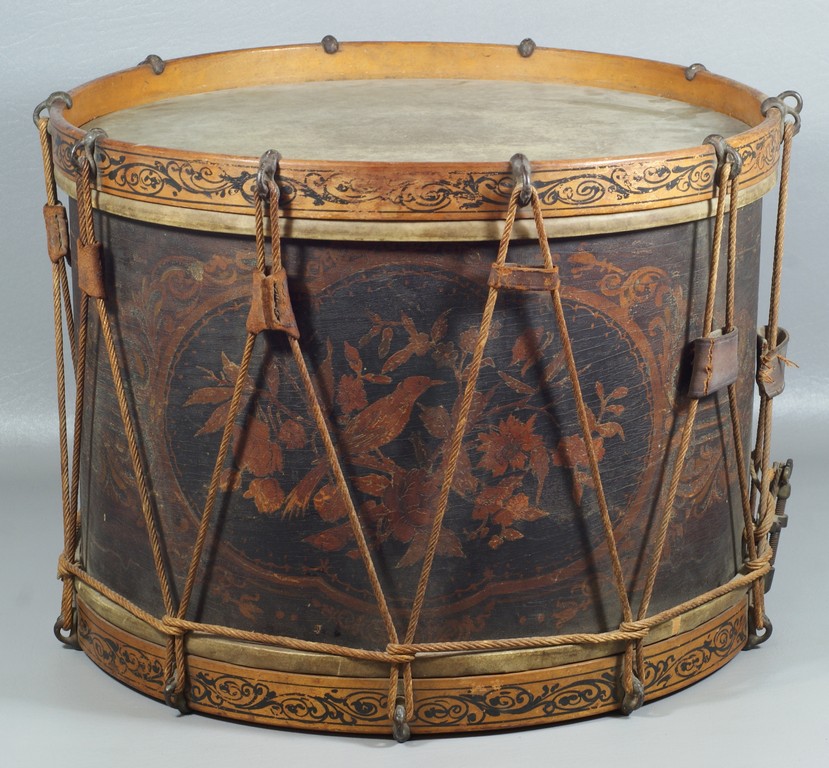 Appraisal: Marquetry inlaid snare drum the body with floral and bird