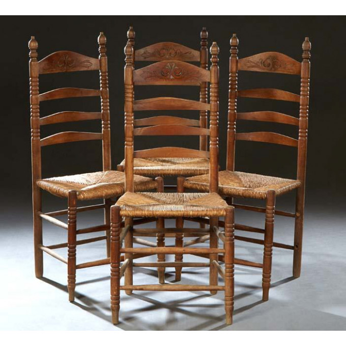 Appraisal: Set of Four French Provincial Carved Oak Ladderback Rush Seat