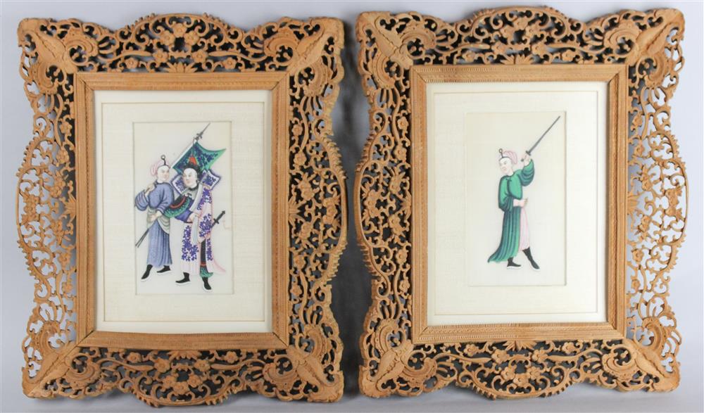 Appraisal: PAIR OF CHINESE WATERCOLORS OF FIGURES IN CARVED WOODEN FRAMES