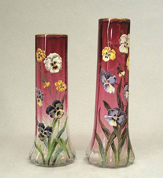 Appraisal: A graduated pair of Bohemian enameled glass vases late th