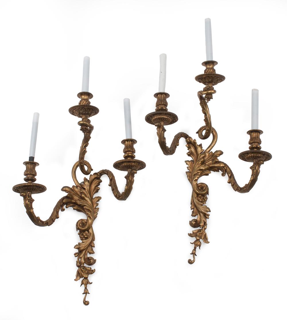 Appraisal: Pair of Louis XV-Style Bronze Three-Light Sconces foliate backplate and