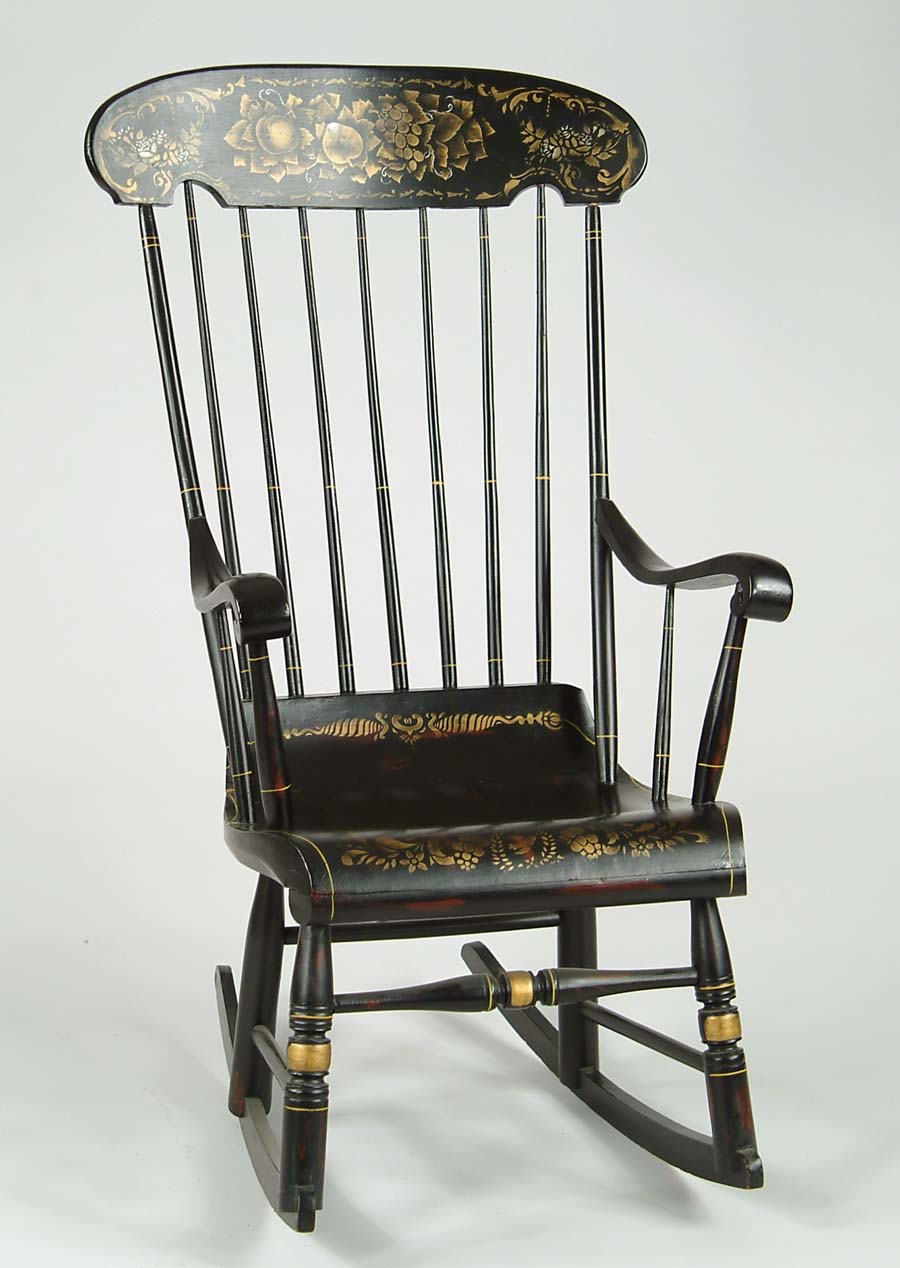 Appraisal: GRAIN PAINTED AND STENCILED BOSTON ROCKER Black rocker has extensive