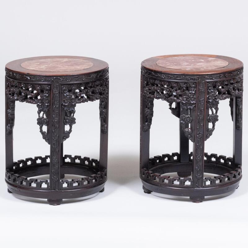 Appraisal: Pair of Chinese Marble Inset and Carved Hardwood Stands x