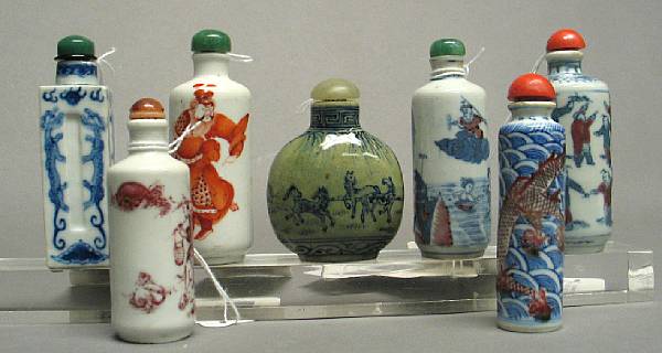 Appraisal: Seven porcelain snuff bottles Including three bottles with underglaze-blue and