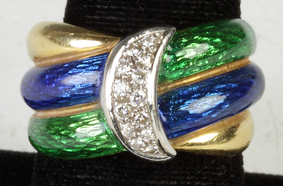 Appraisal: K Two Tone Gold Ring w Diamonds Enamel Work Marked