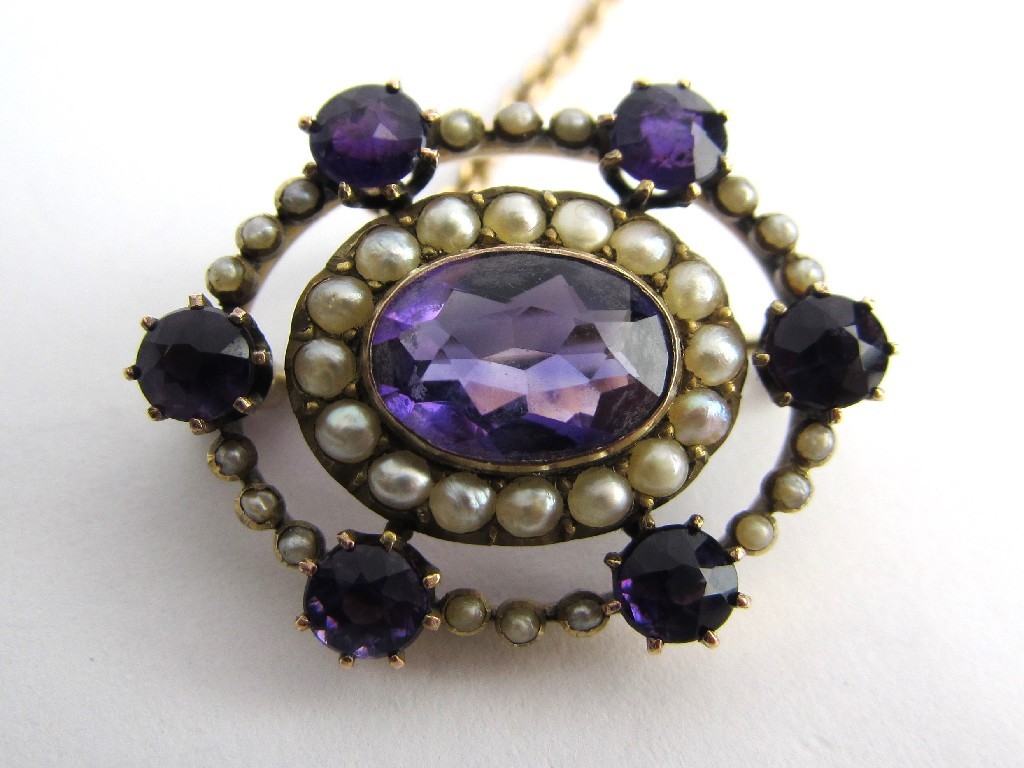 Appraisal: Edwardian gold amethyst and seed pearl set brooch