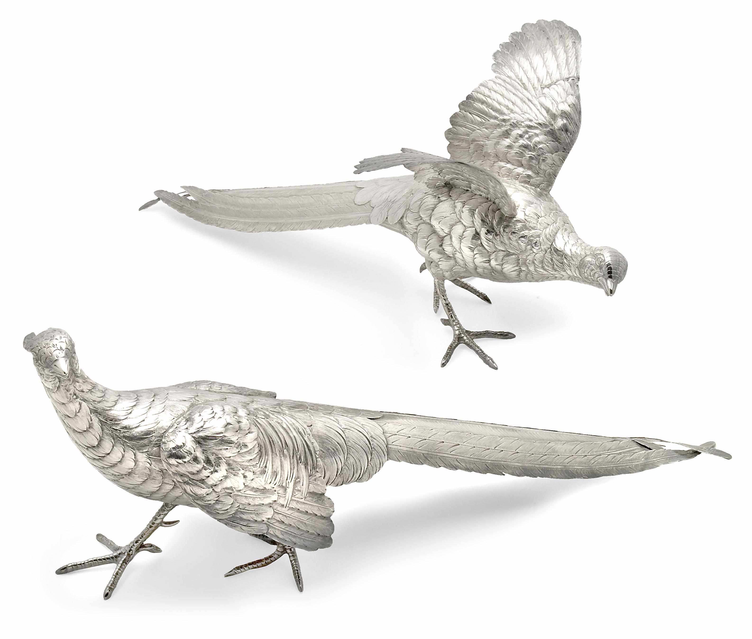 Appraisal: A Continental silver pair of pheasant figures Probably German with