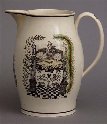 Appraisal: LIVERPOOL TRANSFER-PRINTED BALUSTER-FORM CIDER JUG With medallions depicting masonic devices