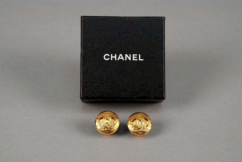 Appraisal: CHANEL PARIS LOGO EAR CLIPS s Convex gold tone rounds