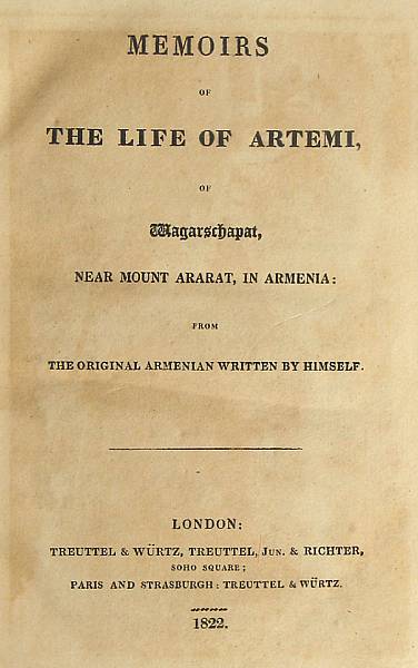 Appraisal: ARTEMI ARARATSKII - Memoirs of the Life of Artemi of