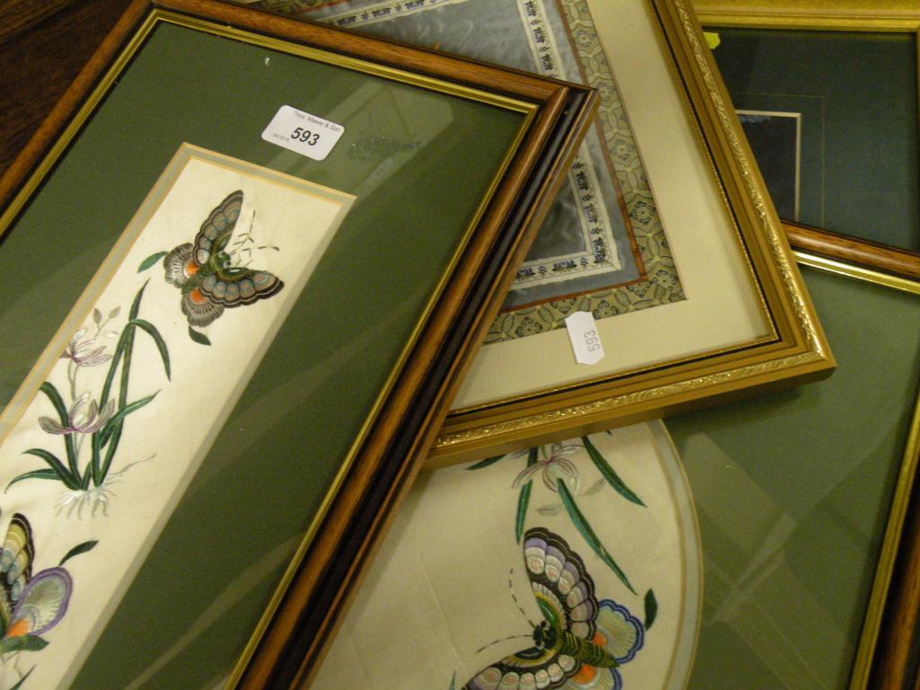 Appraisal: Three Chinese silk pictures each embroidered with butterflies and flowers