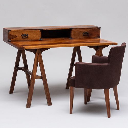 Appraisal: MODERN PLANTATION STYLE ZEBRAWOOD DESK WITH A LINEN UPHOLSTERED MAHOGANY