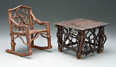 Appraisal: Miniature twig table and rocker in rocker one loose element