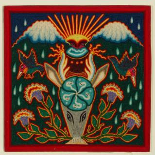 Appraisal: THREE HUICHOL MEXICAN FOLK ART PAINTINGS The traditional art form