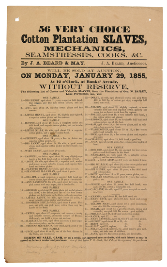 Appraisal: EXCEPTIONAL SLAVE SALE BROADSIDE SLAVERY AND ABOLITION BEARD J A