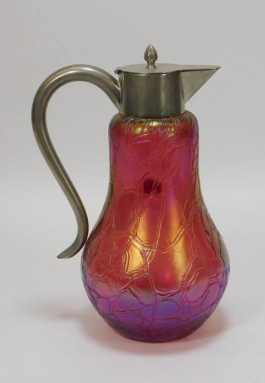 Appraisal: Kralik Red Crackle Bohemian Art Glass Pitcher Kralik Red Crackle