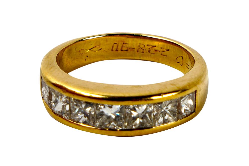 Appraisal: KARAT YELLOW GOLD DIAMOND BAND RINGcontaining seven square modified brilliant