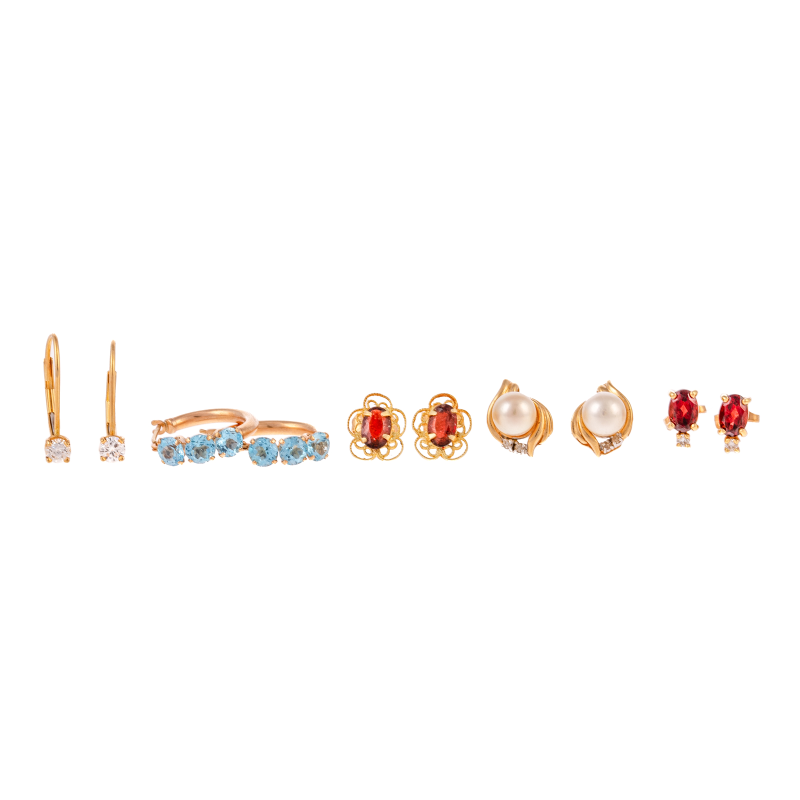 Appraisal: A LARGE COLLECTION OF GOLD GEMSTONE EARRINGS Four pairs of