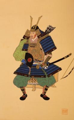 Appraisal: A Japanese hanging scroll depicting a fully armoured Samurai th