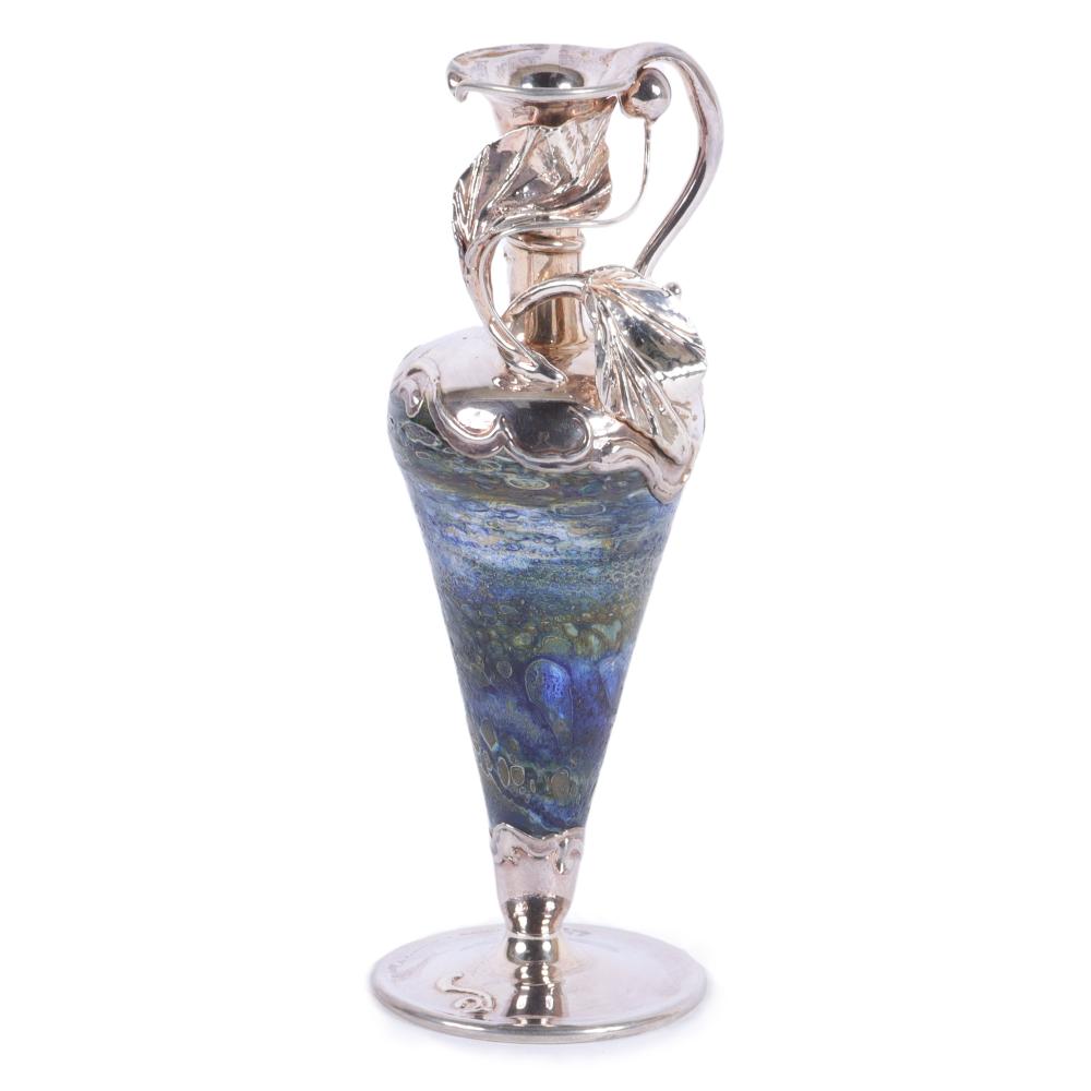 Appraisal: DAVID BARAK ISRAEL STERLING SILVER OVERLAY ART GLASS BOTTLE VASE