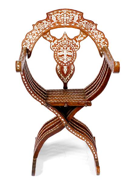 Appraisal: A Syrian mother of pearl inlaid savonrolla chair height in